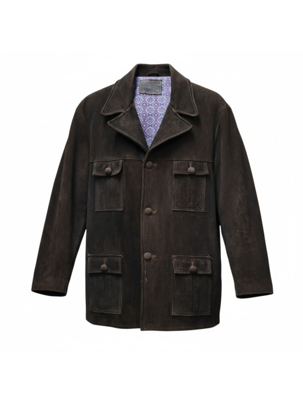 Men's Brown Vintage Distressed Long-Sleeves Lined 4-Pockets Suede Leather Large